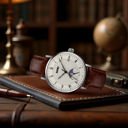 montre à phase de lune en acier inoxydable et cristal