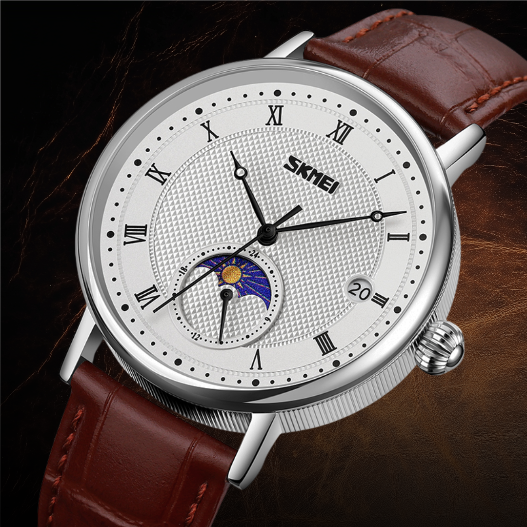 montre à phase de lune en acier inoxydable et cristal